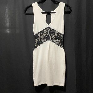 Bebe Sleeveless Dress: White With Black lace Detail